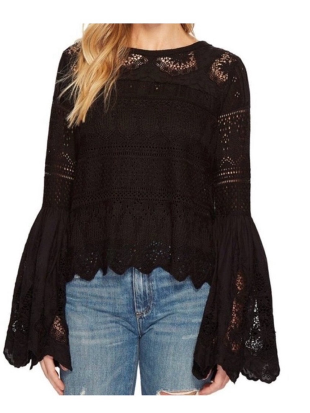 Free People Women Black Crochet Lace once upon a time Bell-Sleeve Blouse Size 6 - Picture 3 of 12